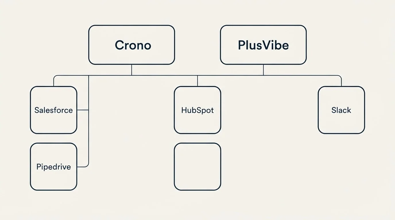 Integration grid: Integration Ecosystem (Crono, PlusVibe, HubSpot, Salesforce)