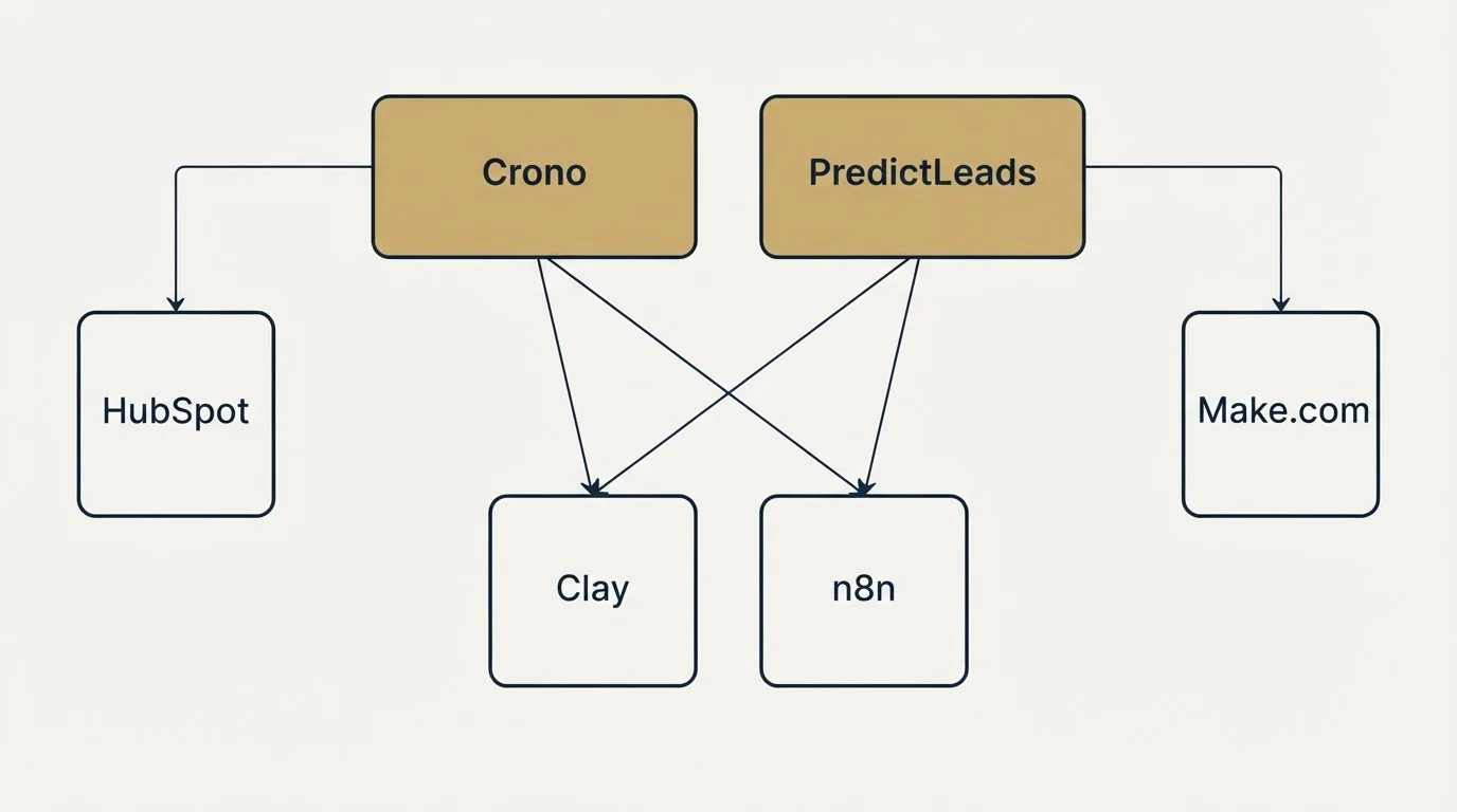 Integration grid: Integration Ecosystem (Crono, PredictLeads, Clay, n8n)