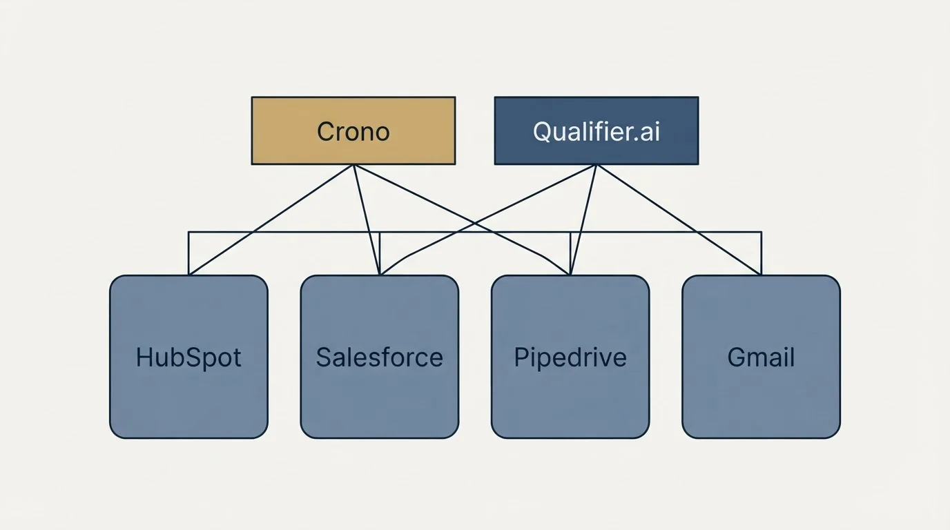 Integration grid: Integration Ecosystem (Crono, Qualifier.ai, HubSpot, Salesforce)