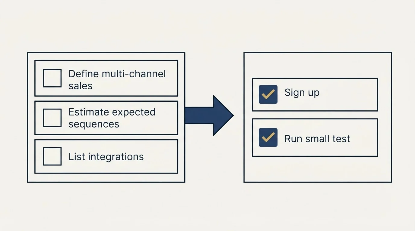 Before-and-after steps: Getting Started Checklist (Define multi-channel sales, Estimate expected sequences, List integrations, Sign up)
