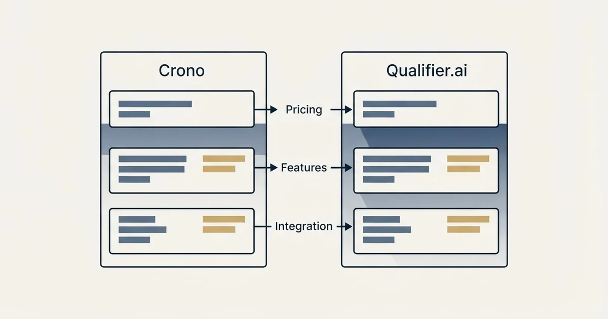 Comparison panel: Crono vs Qualifier.ai (Pricing, Features, Integration)