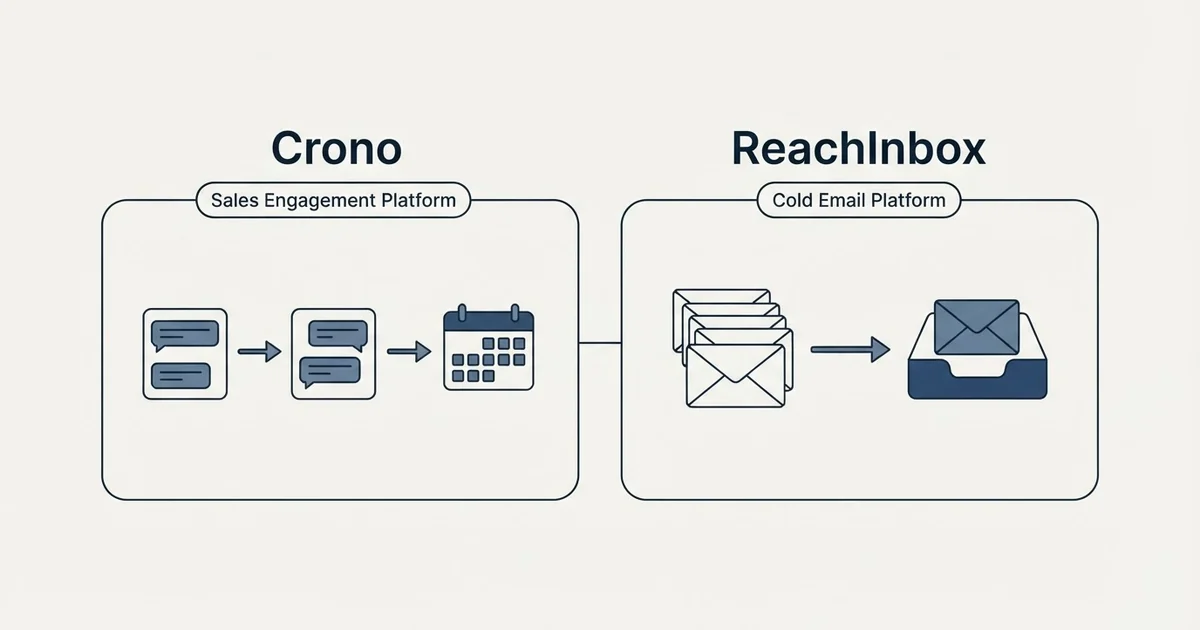 Side-by-side panels: Crono vs ReachInbox (Sales Engagement Platform, Cold Email Platform)