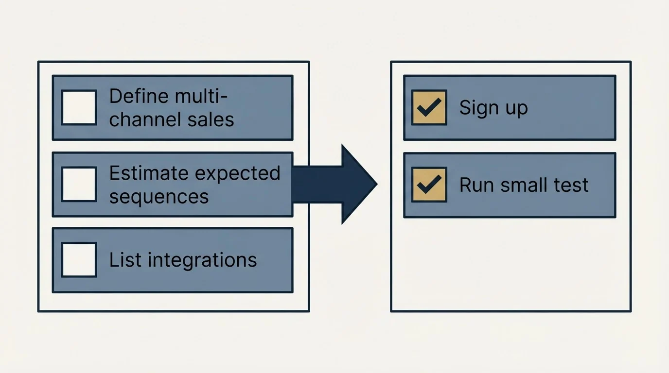 Before-and-after steps: Getting Started Checklist (Define multi-channel sales, Estimate expected sequences, List integrations, Sign up)