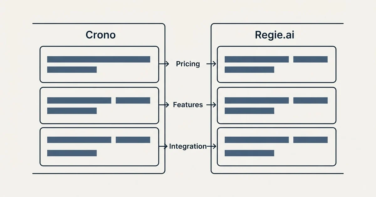 Comparison panel: Crono vs Regie.ai (Pricing, Features, Integration)