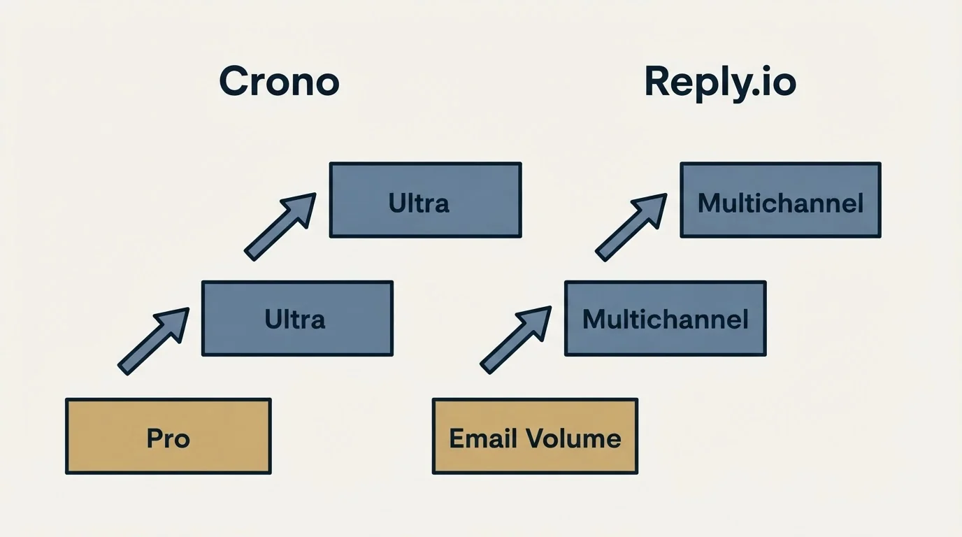 Pricing ladder: Pricing Comparison (Crono, Reply.io, Pro, Email Volume)