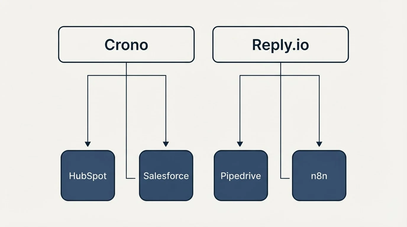 Integration grid: Integration Ecosystem (Crono, Reply.io, HubSpot, Salesforce)