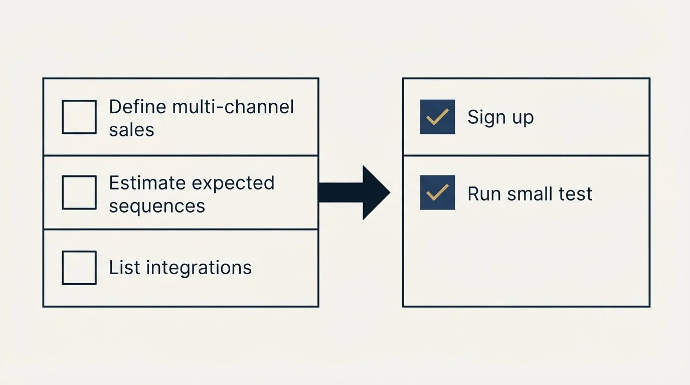 Before-and-after steps: Getting Started Checklist (Define multi-channel sales, Estimate expected sequences, List integrations, Sign up)
