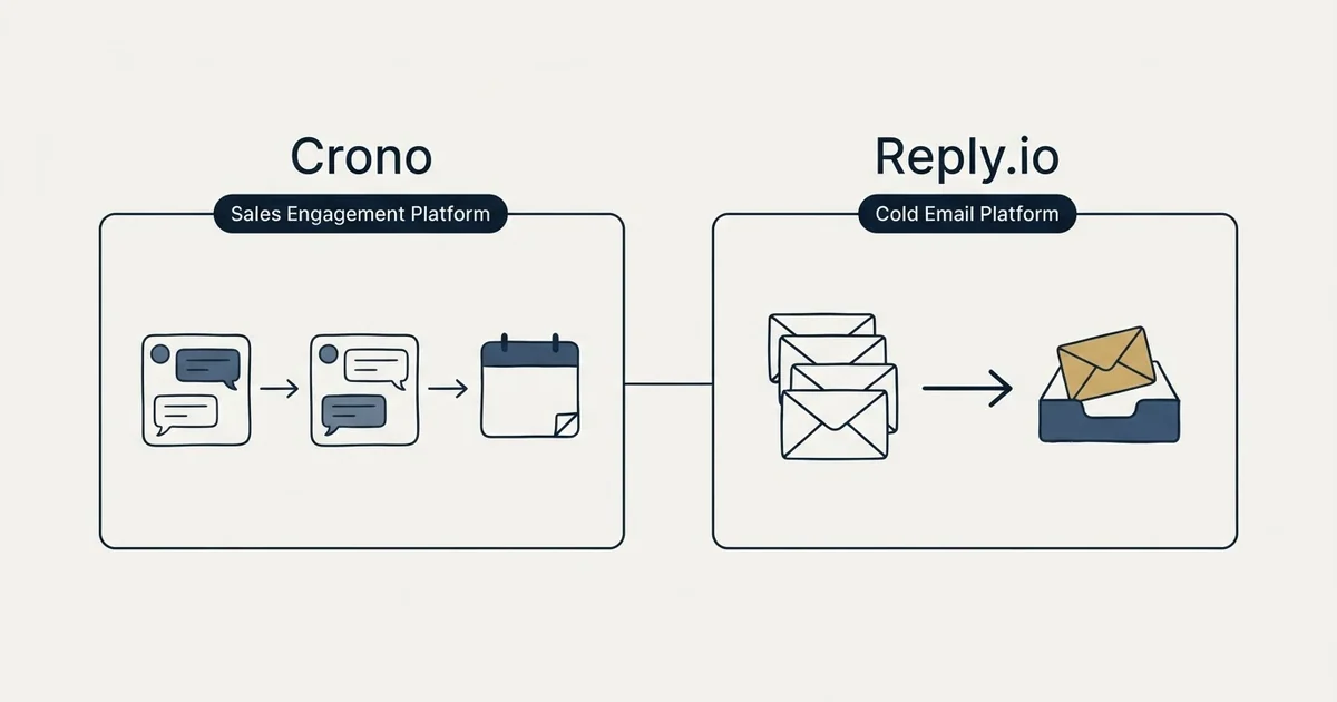 Side-by-side panels: Crono vs Reply.io (Sales Engagement Platform, Cold Email Platform)
