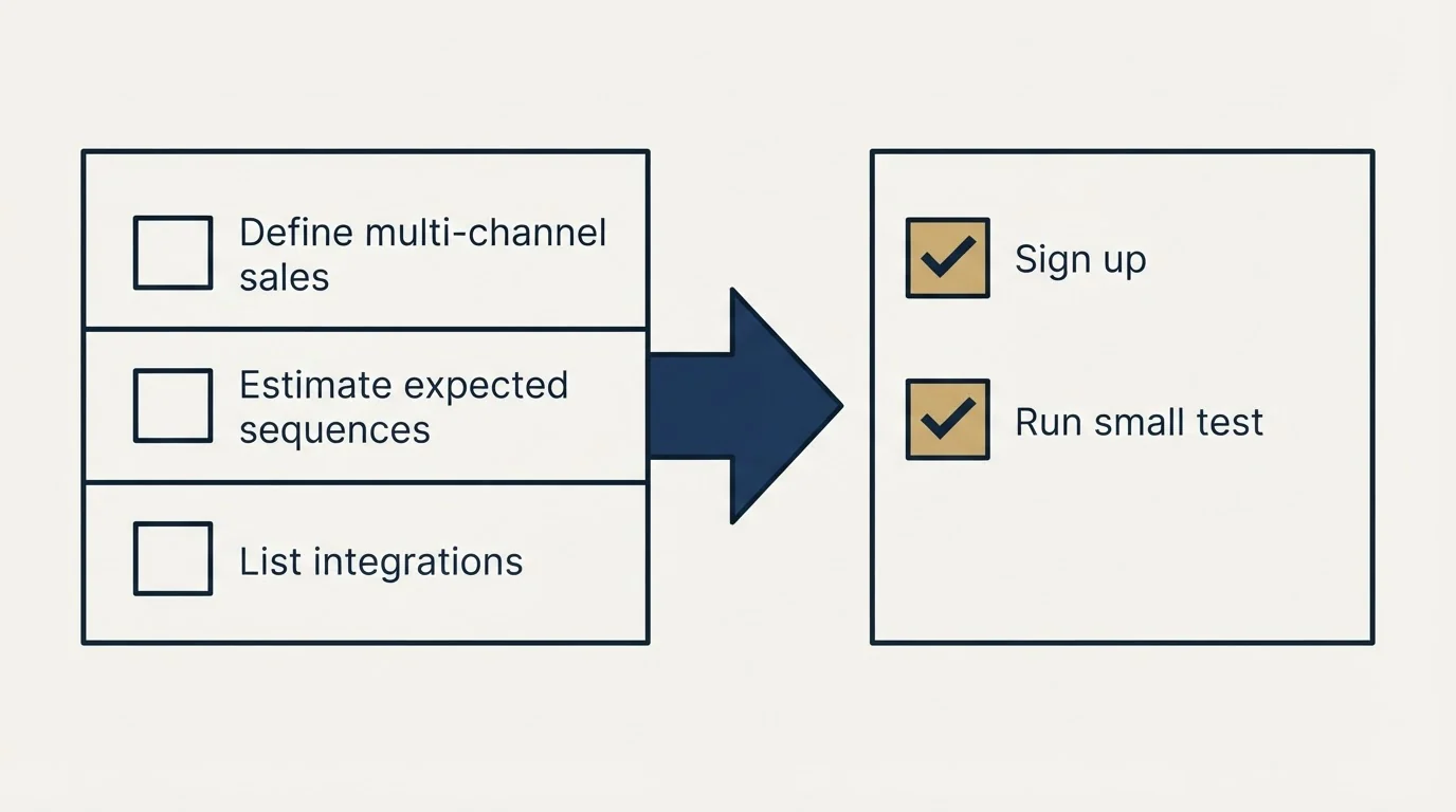 Before-and-after steps: Getting Started Checklist (Define multi-channel sales, Estimate expected sequences, List integrations, Sign up)