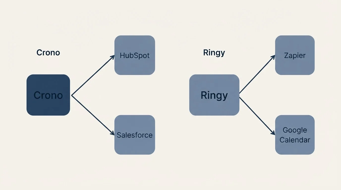 Integration schematic: Integration Ecosystem (Crono, Ringy, HubSpot, Zapier)