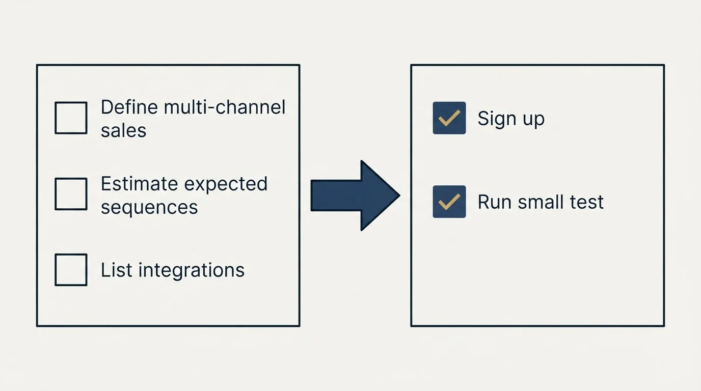 Before-and-after steps: Getting Started Checklist (Define multi-channel sales, Estimate expected sequences, List integrations, Sign up)