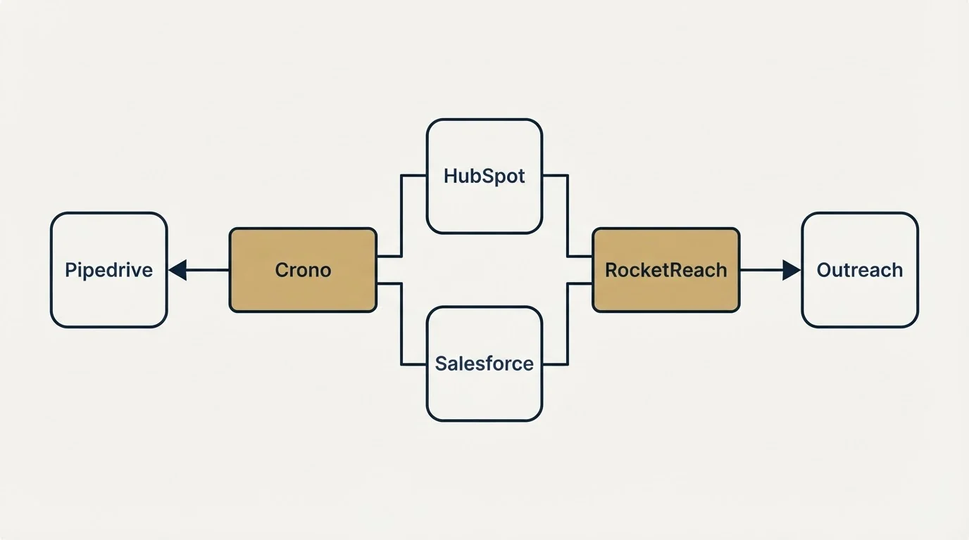 Integration flow: Integration Ecosystem (Crono, RocketReach, HubSpot, Salesforce)