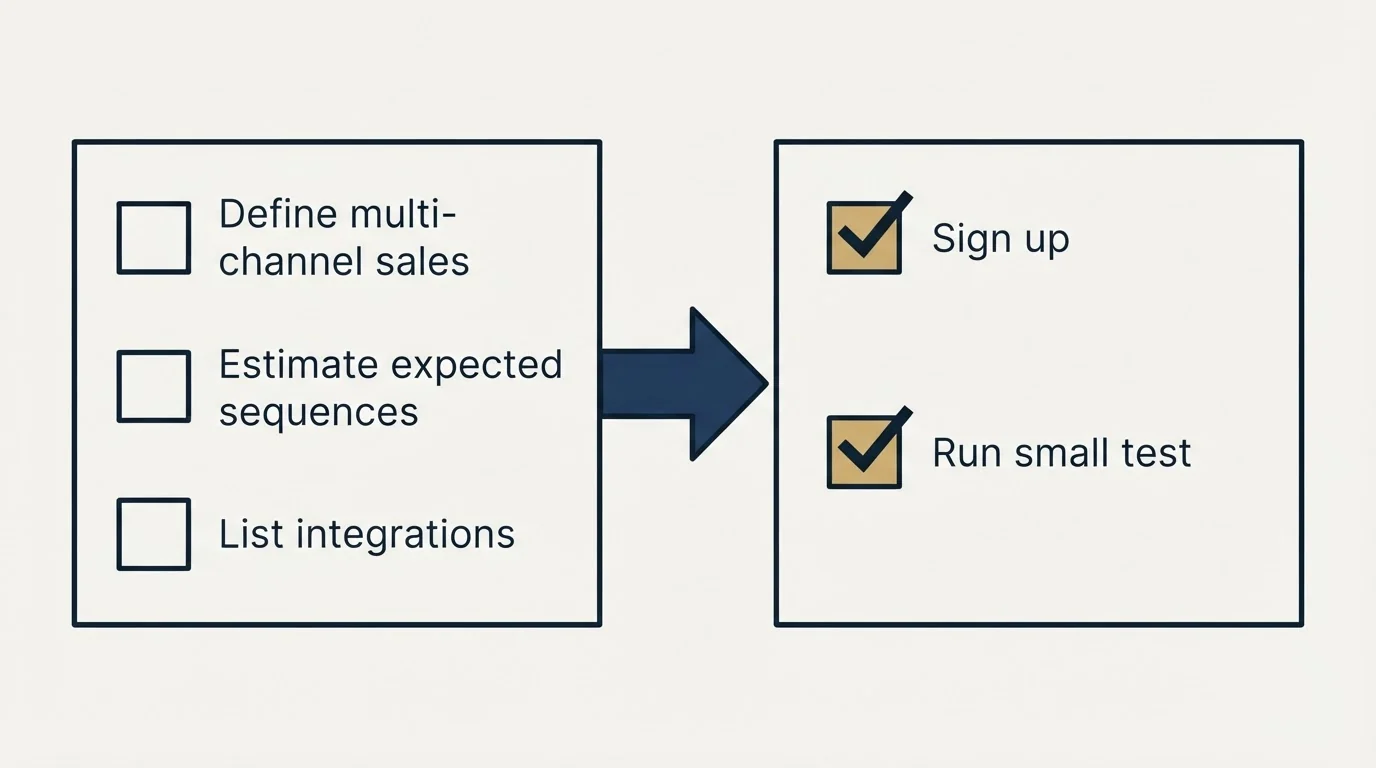 Before-and-after steps: Getting Started Checklist (Define multi-channel sales, Estimate expected sequences, List integrations, Sign up)