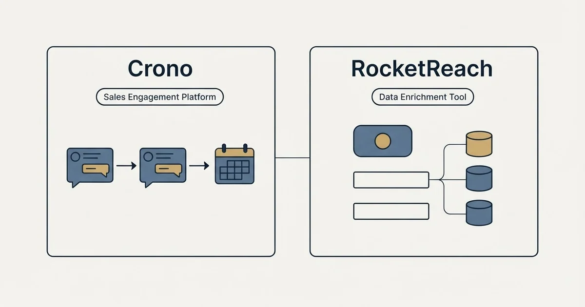 Side-by-side panels: Crono vs RocketReach (Sales Engagement Platform, Data Enrichment Tool)