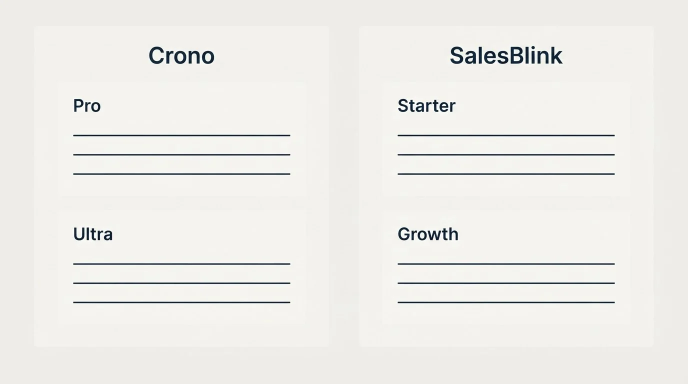 Pricing panels: Pricing Comparison (Crono, SalesBlink, Pro, Starter)
