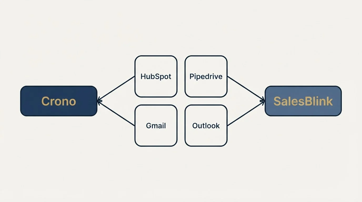Integration schematic: Integration Ecosystem (Crono, SalesBlink, HubSpot, Pipedrive)