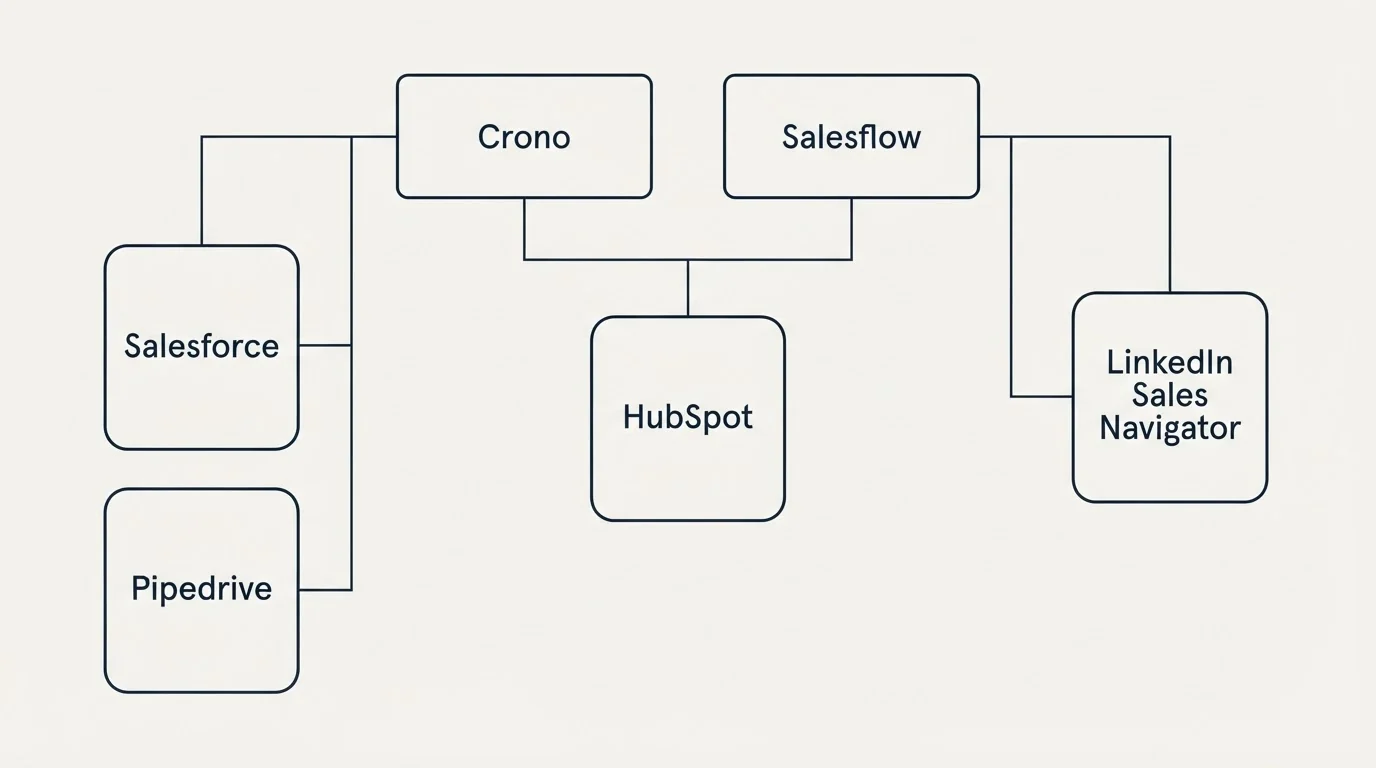 Integration grid: Integration Ecosystem (Crono, Salesflow, HubSpot, Salesforce)