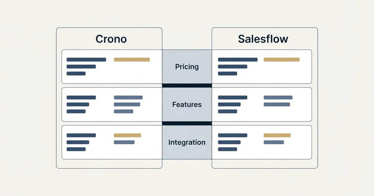 Comparison panel: Crono vs Salesflow (Pricing, Features, Integration)