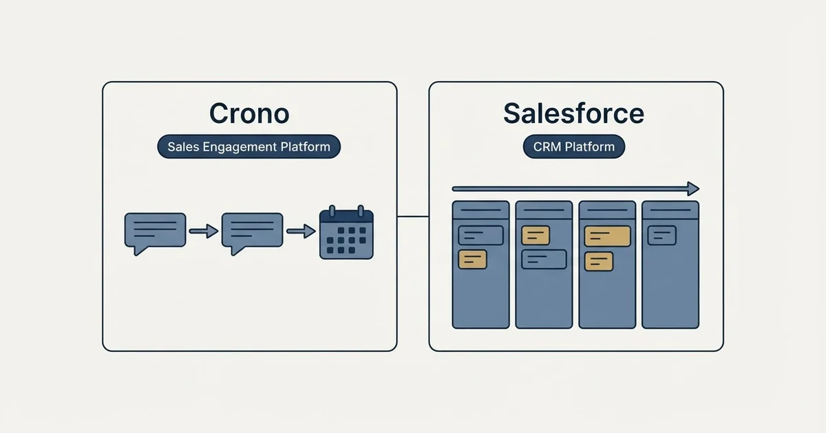 Side-by-side panels: Crono vs Salesforce (Sales Engagement Platform, CRM Platform)