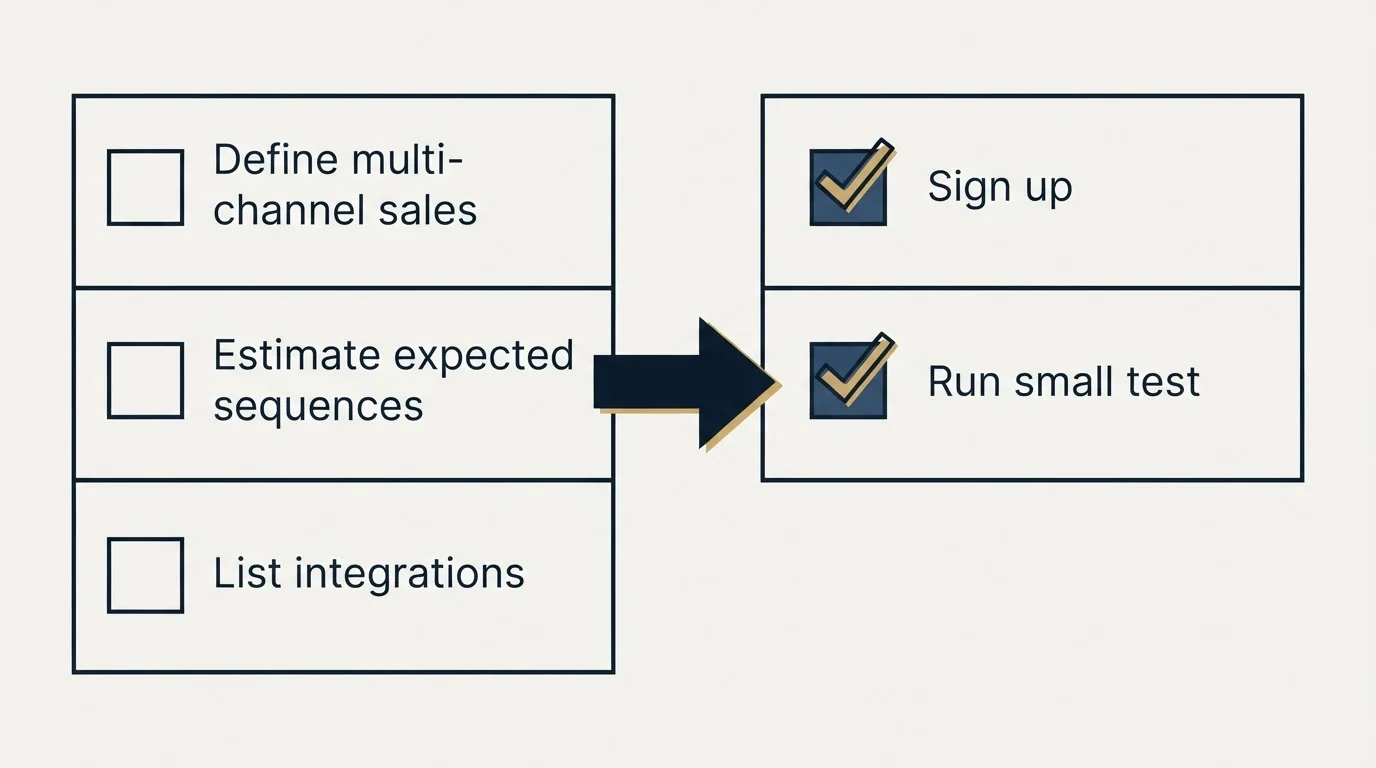 Before-and-after steps: Getting Started Checklist (Define multi-channel sales, Estimate expected sequences, List integrations, Sign up)