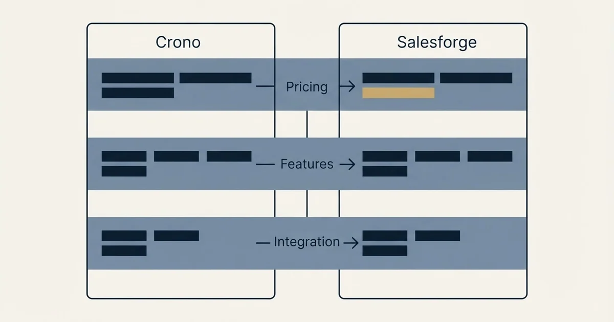 Comparison panel: Crono vs Salesforge (Pricing, Features, Integration)