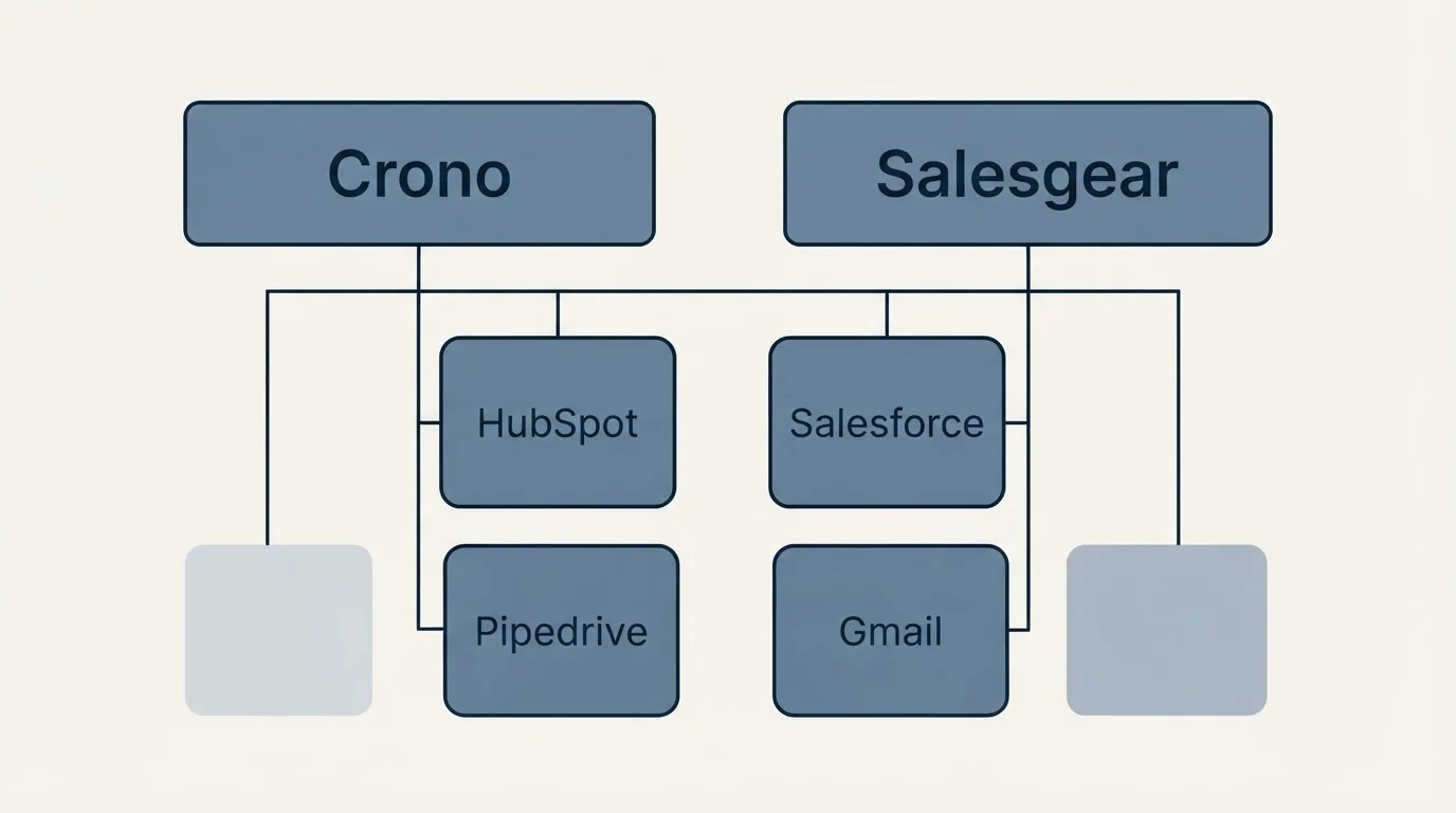 Integration grid: Integration Ecosystem (Crono, Salesgear, HubSpot, Salesforce)
