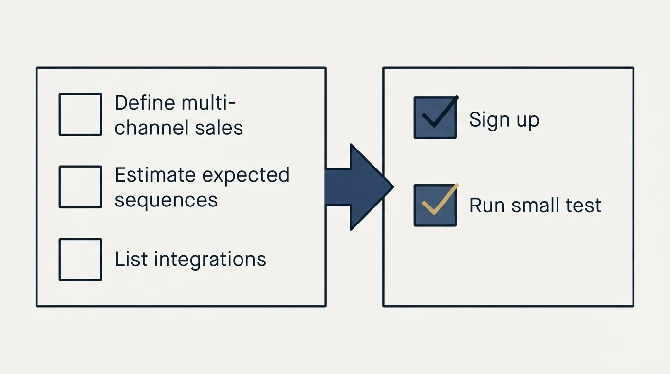 Before-and-after steps: Getting Started Checklist (Define multi-channel sales, Estimate expected sequences, List integrations, Sign up)