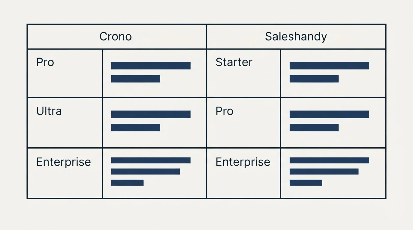 Pricing table: Pricing Comparison (Crono, Saleshandy, Pro, Starter)