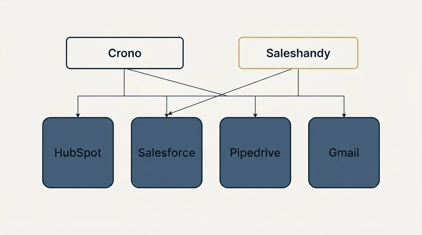 Integration grid: Integration Ecosystem (Crono, Saleshandy, HubSpot, Salesforce)