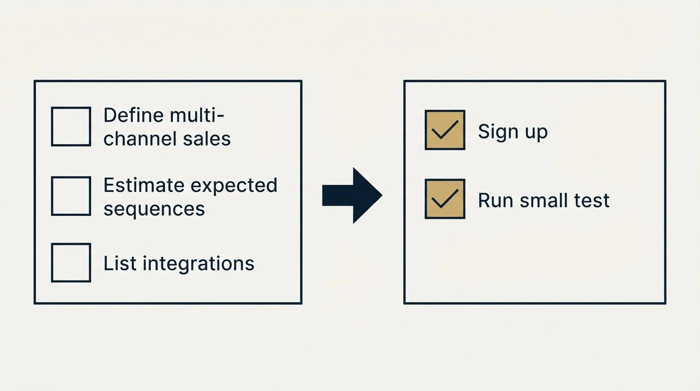 Before-and-after steps: Getting Started Checklist (Define multi-channel sales, Estimate expected sequences, List integrations, Sign up)