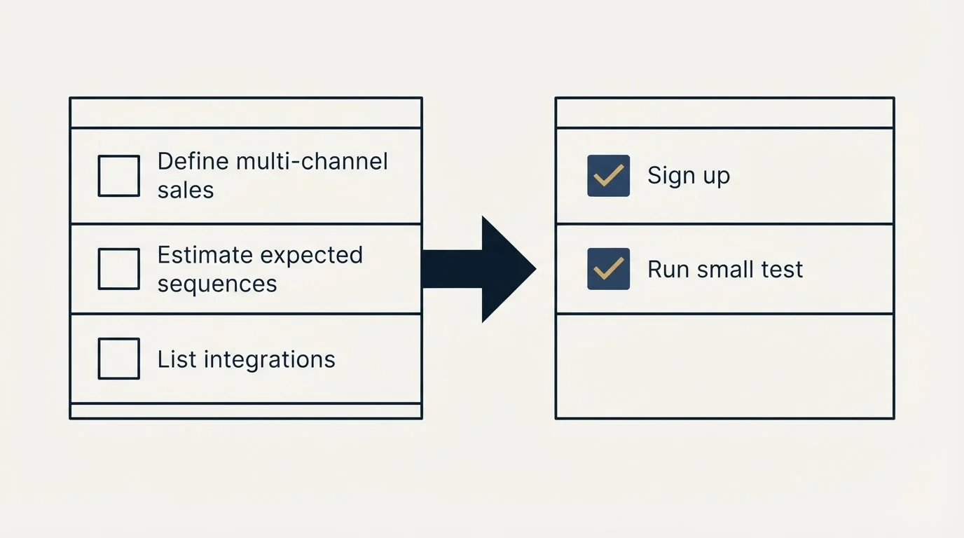 Before-and-after steps: Getting Started Checklist (Define multi-channel sales, Estimate expected sequences, List integrations, Sign up)