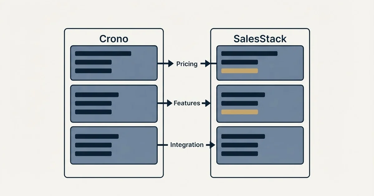 Comparison panel: Crono vs SalesStack (Pricing, Features, Integration)
