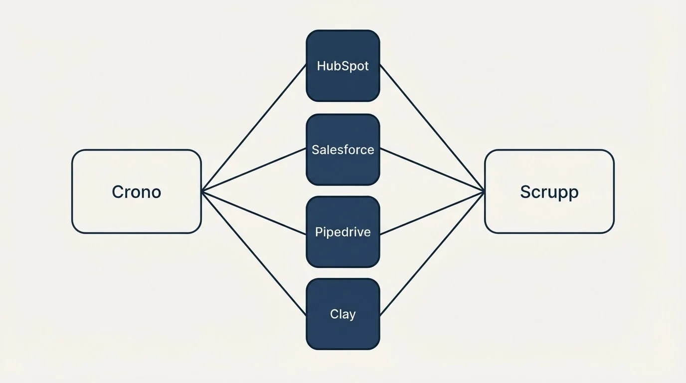 Integration flow: Integration Ecosystem (Crono, Scrupp, HubSpot, Salesforce)