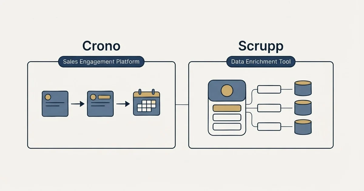 Side-by-side panels: Crono vs Scrupp (Sales Engagement Platform, Data Enrichment Tool)
