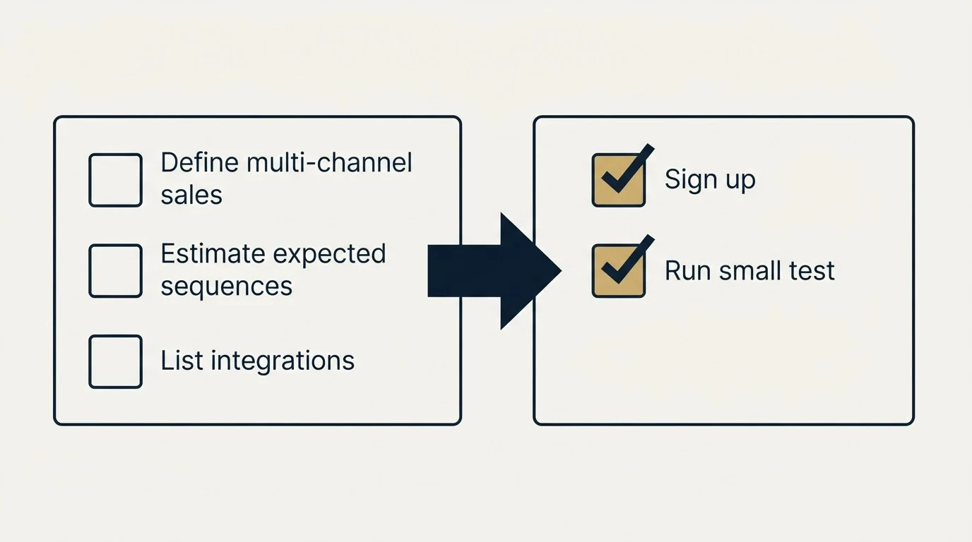 Before-and-after steps: Getting Started Checklist (Define multi-channel sales, Estimate expected sequences, List integrations, Sign up)