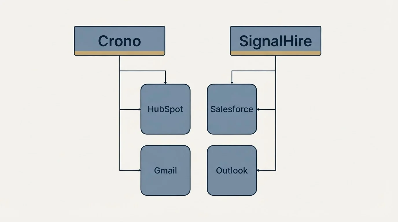 Integration grid: Integration Ecosystem (Crono, SignalHire, HubSpot, Salesforce)