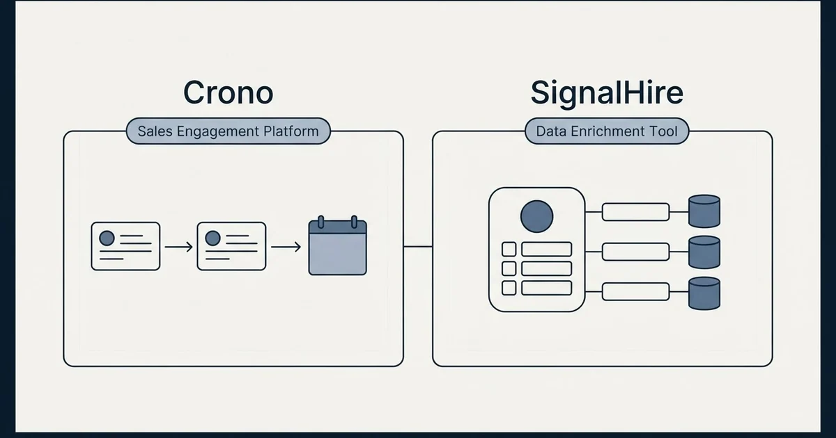 Side-by-side panels: Crono vs SignalHire (Sales Engagement Platform, Data Enrichment Tool)
