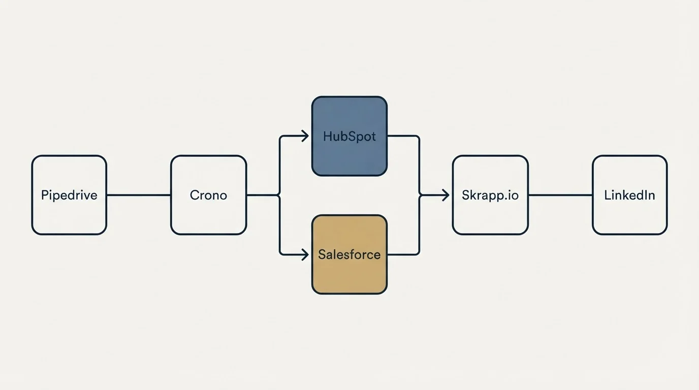 Integration flow: Integration Ecosystem (Crono, Skrapp.io, HubSpot, Salesforce)
