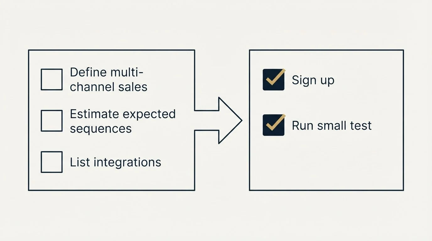 Before-and-after steps: Getting Started Checklist (Define multi-channel sales, Estimate expected sequences, List integrations, Sign up)