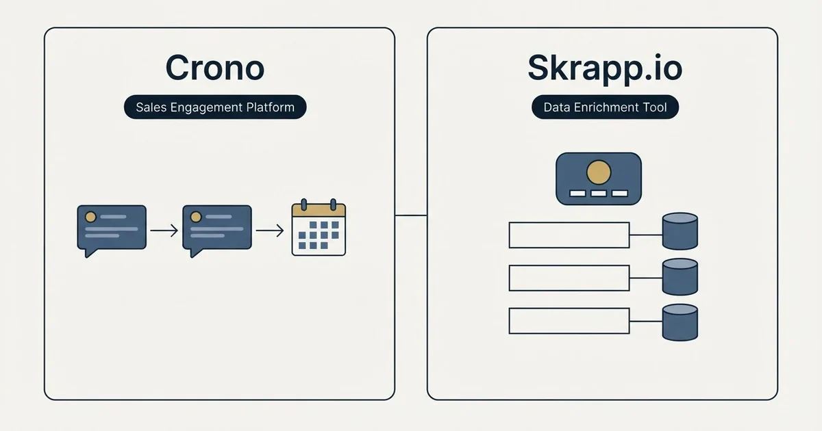 Side-by-side panels: Crono vs Skrapp.io (Sales Engagement Platform, Data Enrichment Tool)