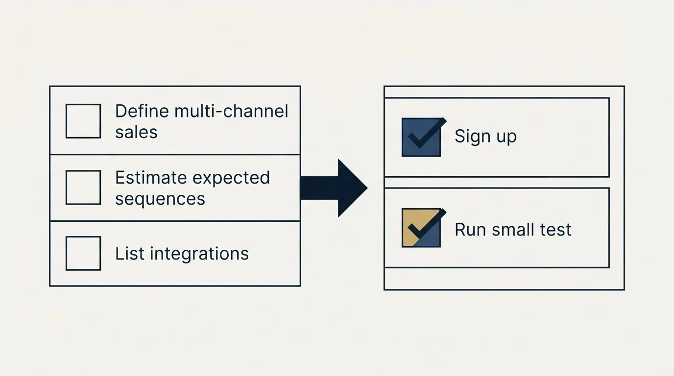 Before-and-after steps: Getting Started Checklist (Define multi-channel sales, Estimate expected sequences, List integrations, Sign up)