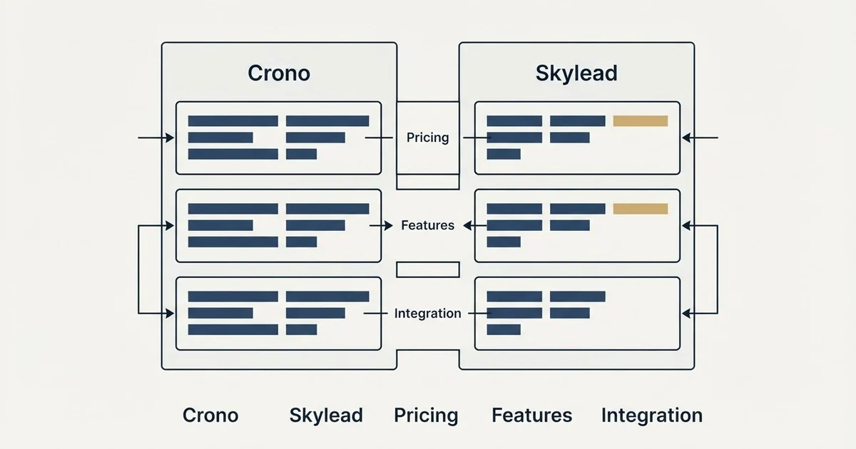 Comparison panel: Crono vs Skylead (Pricing, Features, Integration)