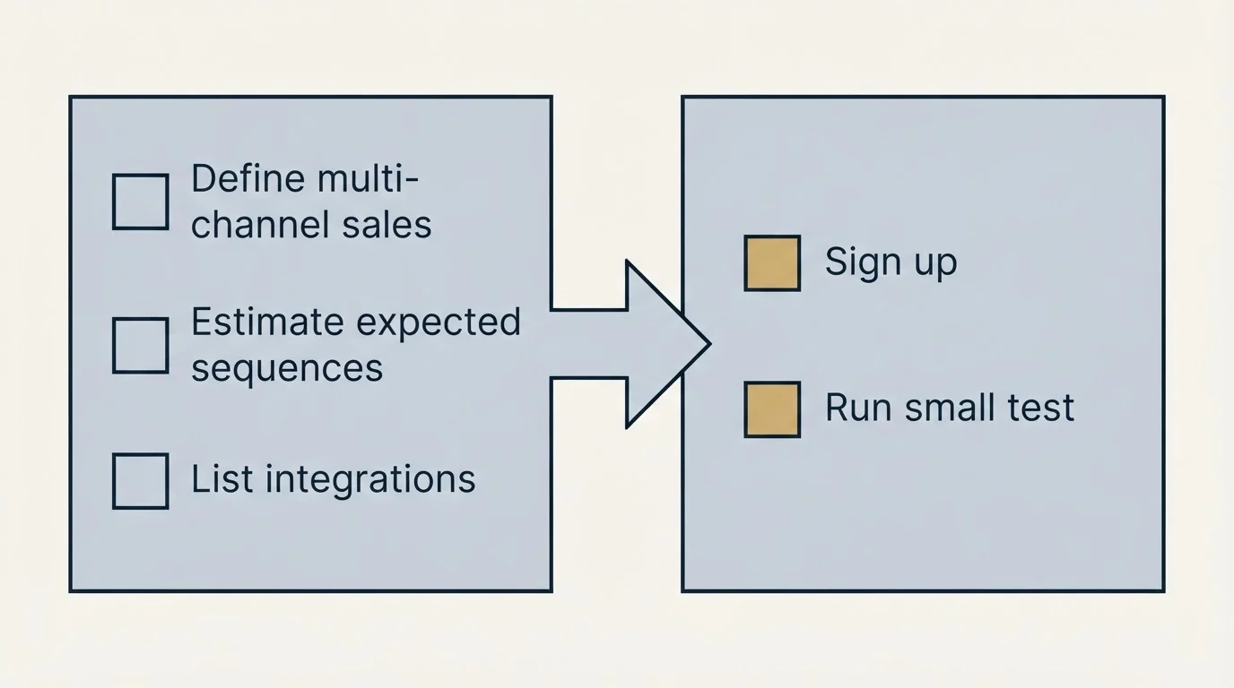 Before-and-after steps: Getting Started Checklist (Define multi-channel sales, Estimate expected sequences, List integrations, Sign up)