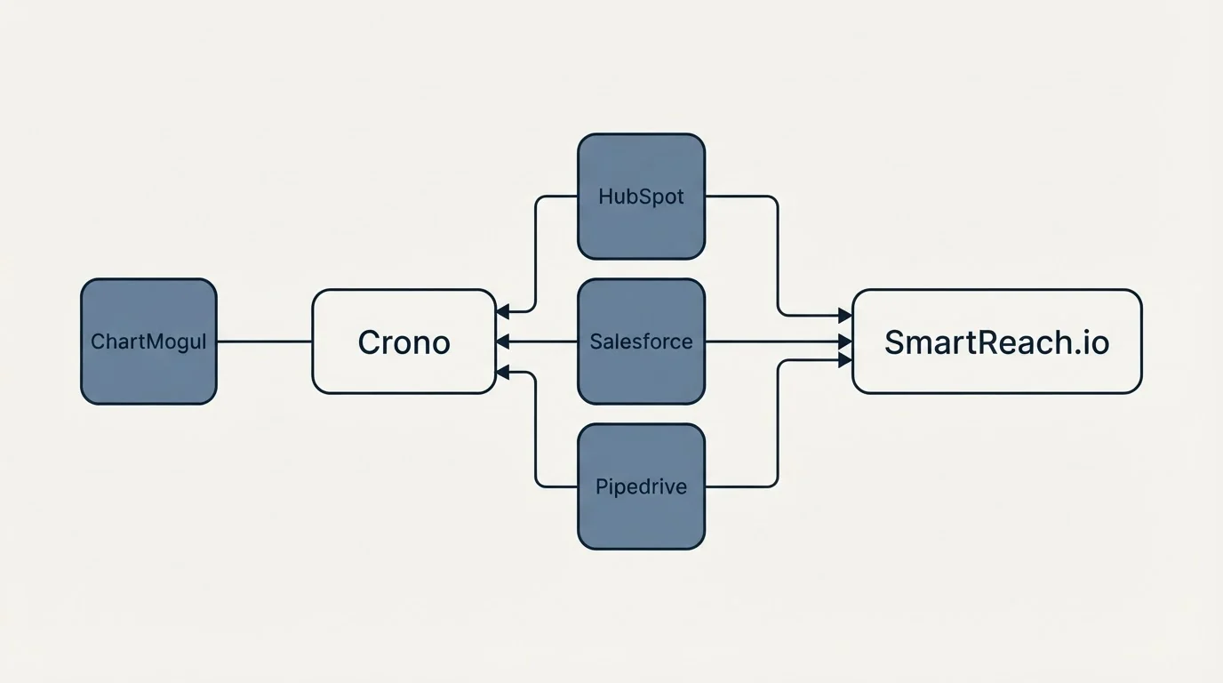 Integration schematic: Integration Ecosystem (Crono, SmartReach.io, HubSpot, Salesforce)