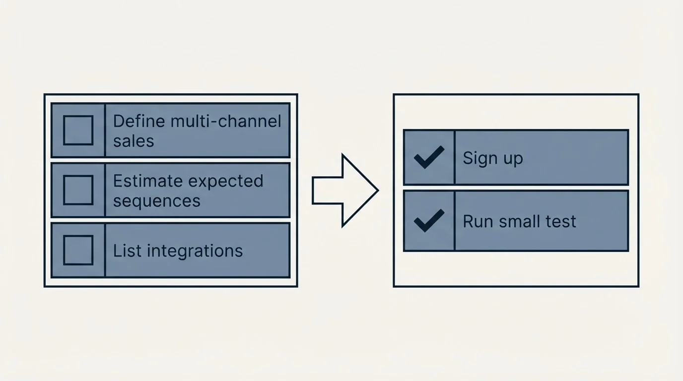 Before-and-after steps: Getting Started Checklist (Define multi-channel sales, Estimate expected sequences, List integrations, Sign up)