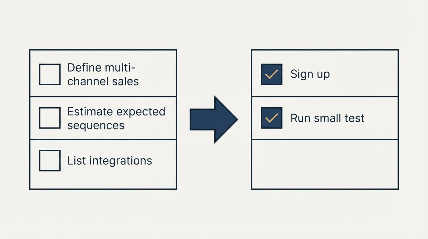 Before-and-after steps: Getting Started Checklist (Define multi-channel sales, Estimate expected sequences, List integrations, Sign up)