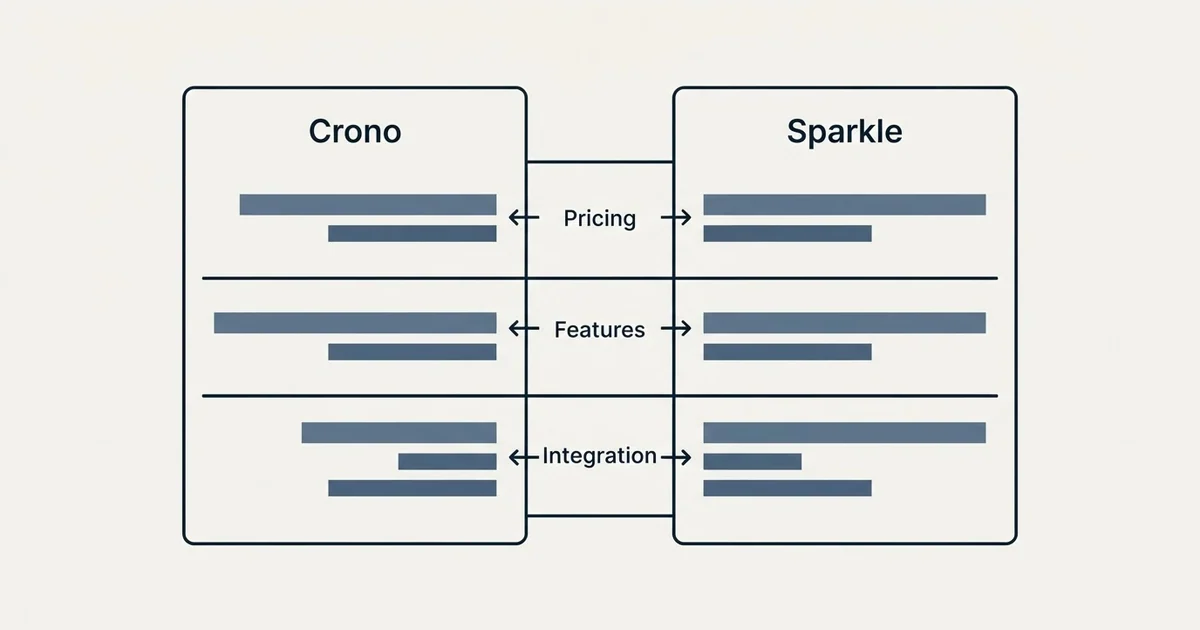 Comparison panel: Crono vs Sparkle (Pricing, Features, Integration)