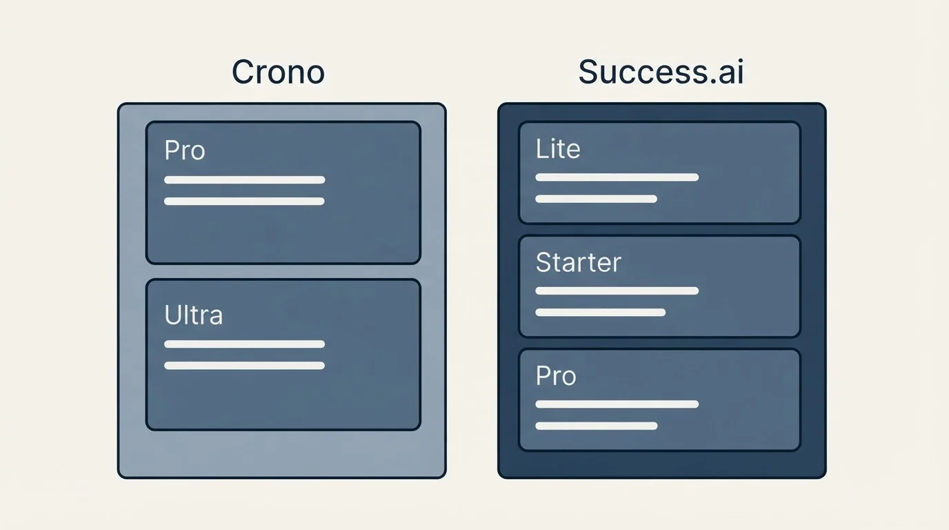 Pricing panels: Pricing Comparison (Crono, Success.ai, Pro, Lite)