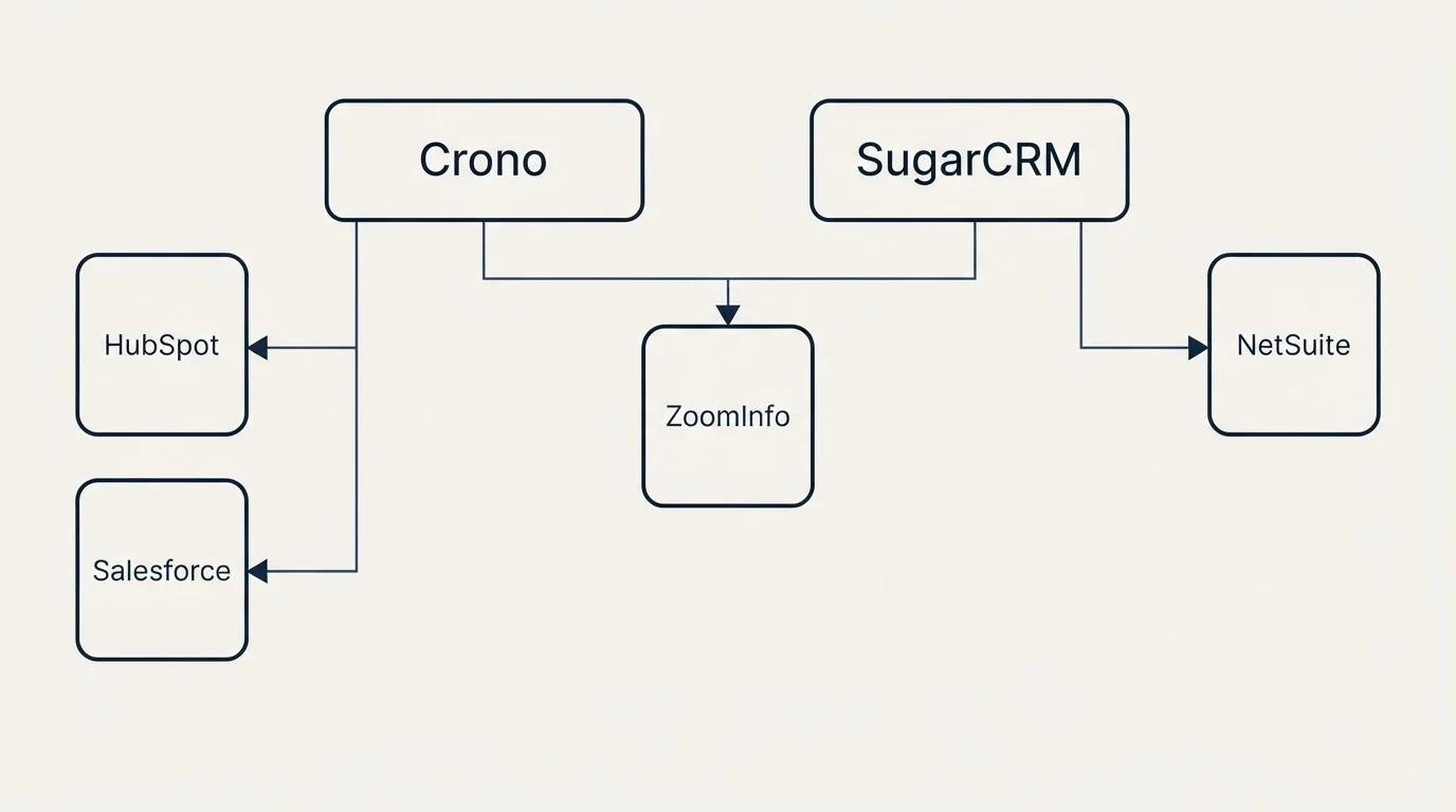 Integration grid: Integration Ecosystem (Crono, SugarCRM, ZoomInfo, HubSpot)