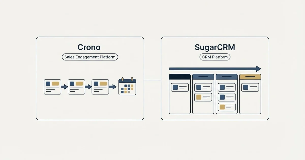 Side-by-side panels: Crono vs SugarCRM (Sales Engagement Platform, CRM Platform)